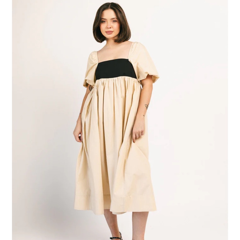 Two-Tone Puff Sleeve Neutral Midi Dress